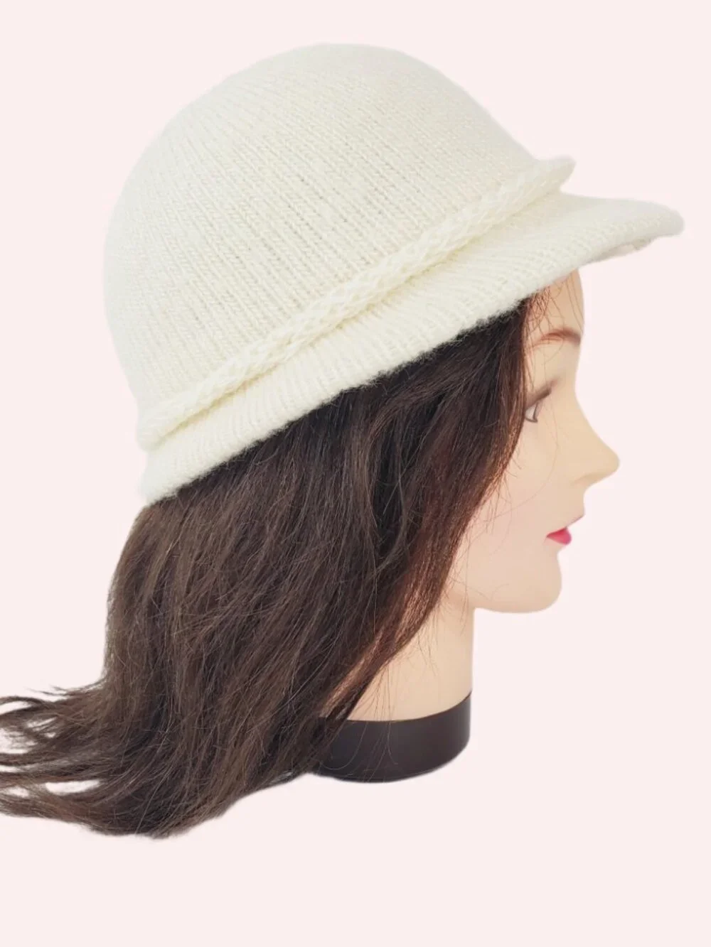 Vintage Hansen Knit Cloche Bucket Hat Cream Ivory Braided Trim Lined USA Made